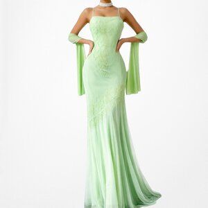 Vintage Y2K 90s Pastel Green Floral Beaded Mesh Maxi Bodycon Prom Dress Size S/M